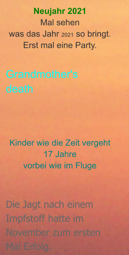 Neujahr 2021 Mal sehen  was das Jahr 2021 so bringt. Erst mal eine Party.   Grandmother's  death             Kinder wie die Zeit vergeht 17 Jahre vorbei wie im Fluge   Die Jagt nach einem Impfstoff hatte im November zum ersten Mal Erfolg.