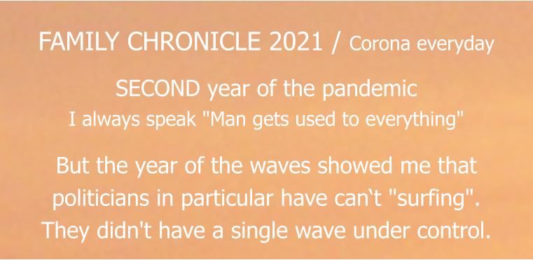 FAMILY CHRONICLE 2021 / Corona everyday   SECOND year of the pandemic I always speak "Man gets used to everything"     But the year of the waves showed me that  politicians in particular have can‘t "surfing". They didn't have a single wave under control.