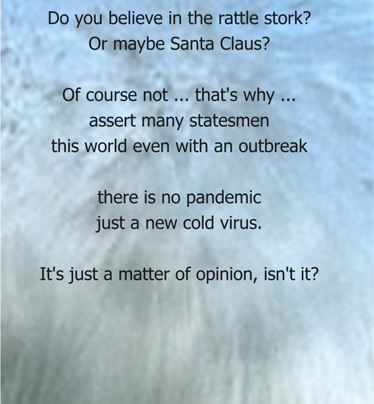 Do you believe in the rattle stork? Or maybe Santa Claus?  Of course not ... that's why ... assert many statesmen this world even with an outbreak  there is no pandemic just a new cold virus.  It's just a matter of opinion, isn't it?