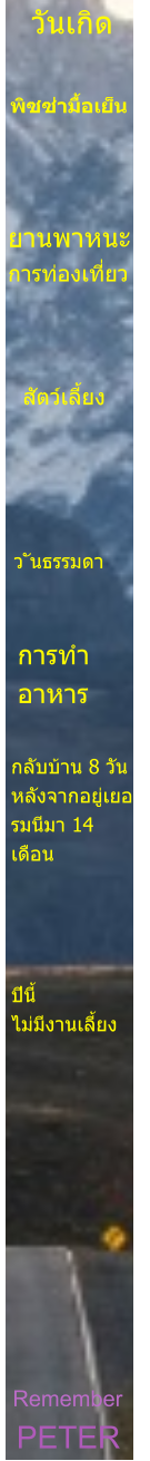 PETER Remember       ปีนี้ ไม่มีงานเลี้ยง กลับบ้าน 8 วัน  หลังจากอยู่เยอ รมนีมา 14  เดือน การทำอาหาร ว ันธรรมดา สัตว์เลี้ยง ยานพาหนะ การท่องเที่ยว   พิซซ่ามื้อเย็น วันเกิด