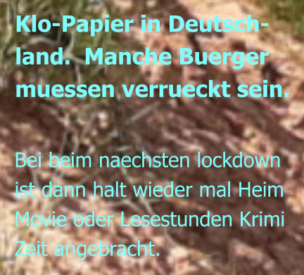 Bei beim naechsten lockdown ist dann halt wieder mal Heim Movie oder Lesestunden Krimi Zeit angebracht.  Klo-Papier in Deutsch- land.  Manche Buerger  muessen verrueckt sein.