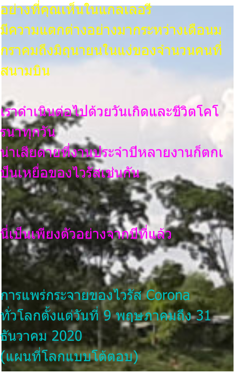 อย่างที่คุณเห็นในแกลเลอรี มีความแตกต่างอย่างมากระหว่างเดือนมกราคมถึงมิถุนายนในแง่ของจำนวนคนที่สนามบิน  เราดำเนินต่อไปด้วยวันเกิดและชีวิตโคโรนาทุกวัน น่าเสียดายที่งานประจำปีหลายงานก็ตกเป็นเหยื่อของไวรัสเช่นกัน   นี่เป็นเพียงตัวอย่างจากปีที่แล้ว   การแพร่กระจายของไวรัส Corona ทั่วโลกตั้งแต่วันที่ 9 พฤษภาคมถึง 31 ธันวาคม 2020 (แผนที่โลกแบบโต้ตอบ)