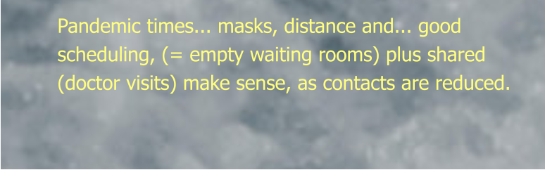 Pandemic times... masks, distance and... good scheduling, (= empty waiting rooms) plus shared (doctor visits) make sense, as contacts are reduced.