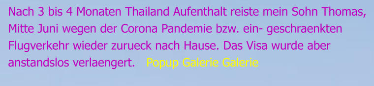Nach 3 bis 4 Monaten Thailand Aufenthalt reiste mein Sohn Thomas, Mitte Juni wegen der Corona Pandemie bzw. ein- geschraenkten Flugverkehr wieder zurueck nach Hause. Das Visa wurde aber anstandslos verlaengert.   Popup Galerie Galerie